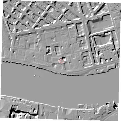 Shaded relief map of the ground around SW1V3AJ, computed from Environment Agency LiDAR. The ground here sits at about 5 m above sea level and falls 51 m across the surrounding 800 m. Surface water reaching this point runs off ground lying to the north-west, 6.2 m higher.