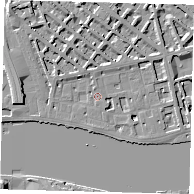 Shaded relief map of the ground around SW1V3AL, computed from Environment Agency LiDAR. The ground here sits at about 5 m above sea level and falls 10 m across the surrounding 800 m. Surface water reaching this point runs off ground lying to the north-west, 4.1 m higher.