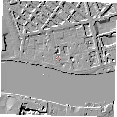 Shaded relief map of the ground around SW1V3AQ, computed from Environment Agency LiDAR. The ground here sits at about 4 m above sea level and falls 25 m across the surrounding 800 m. Surface water reaching this point runs off ground lying to the north-west, 3.9 m higher.