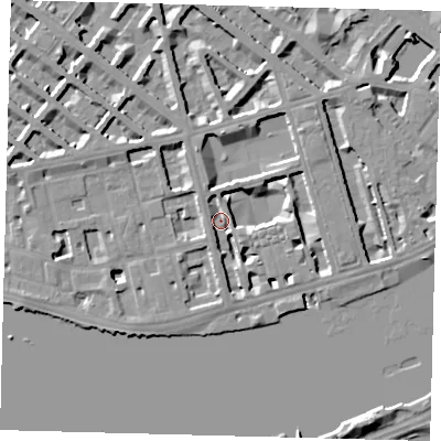 Shaded relief map of the ground around SW1V3AU, computed from Environment Agency LiDAR. The ground here sits at about 3 m above sea level and falls 9 m across the surrounding 800 m. Surface water reaching this point runs off ground lying to the south-east, 5.7 m higher.