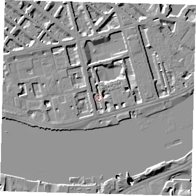 Shaded relief map of the ground around SW1V3AX, computed from Environment Agency LiDAR. The ground here sits at about 3 m above sea level and falls 52 m across the surrounding 800 m. Surface water reaching this point runs off ground lying to the north-north-east, 4.6 m higher.