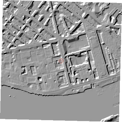 Shaded relief map of the ground around SW1V3BA, computed from Environment Agency LiDAR. The ground here sits at about 4 m above sea level and falls 9 m across the surrounding 800 m. Surface water reaching this point runs off ground lying to the north-north-east, 3.0 m higher.