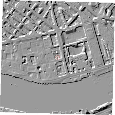Shaded relief map of the ground around SW1V3BD, computed from Environment Agency LiDAR. The ground here sits at about 3 m above sea level and falls 51 m across the surrounding 800 m. Surface water reaching this point runs off ground lying to the east, 3.0 m higher.