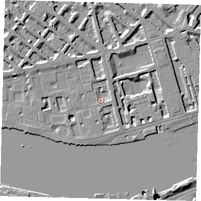 Shaded relief map of the ground around SW1V3BE, computed from Environment Agency LiDAR. The ground here sits at about 4 m above sea level and falls 51 m across the surrounding 800 m. Surface water reaching this point runs off ground lying to the east-north-east, 3.0 m higher.
