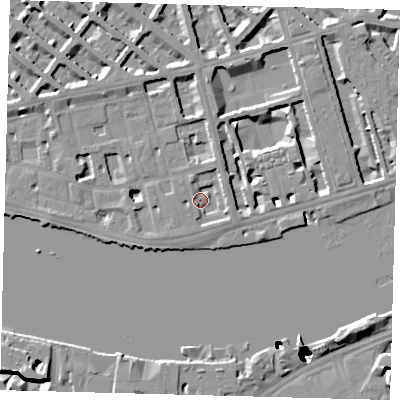 Shaded relief map of the ground around SW1V3BG, computed from Environment Agency LiDAR. The ground here sits at about 4 m above sea level and falls 51 m across the surrounding 800 m. Surface water reaching this point runs off ground lying to the north-east, 2.8 m higher.