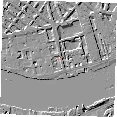 Shaded relief map of the ground around SW1V3BJ, computed from Environment Agency LiDAR. The ground here sits at about 4 m above sea level and falls 51 m across the surrounding 800 m. Surface water reaching this point runs off ground lying to the south-east, 2.8 m higher.