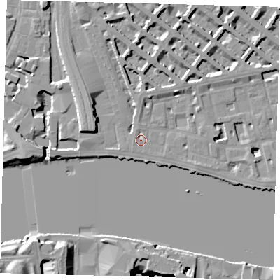 Shaded relief map of the ground around SW1V3BP, computed from Environment Agency LiDAR. The ground here sits at about 5 m above sea level and falls 17 m across the surrounding 800 m. Surface water reaching this point runs off ground lying to the north-north-west, 1.9 m higher.