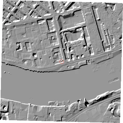 Shaded relief map of the ground around SW1V3BQ, computed from Environment Agency LiDAR. The ground here sits at about 4 m above sea level and falls 51 m across the surrounding 800 m. Surface water reaching this point runs off ground lying to the north-north-east, 2.4 m higher.
