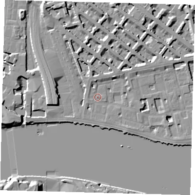 Shaded relief map of the ground around SW1V3BS, computed from Environment Agency LiDAR. The ground here sits at about 5 m above sea level and falls 12 m across the surrounding 800 m. Surface water reaching this point runs off ground lying to the south-east, 2.9 m higher.