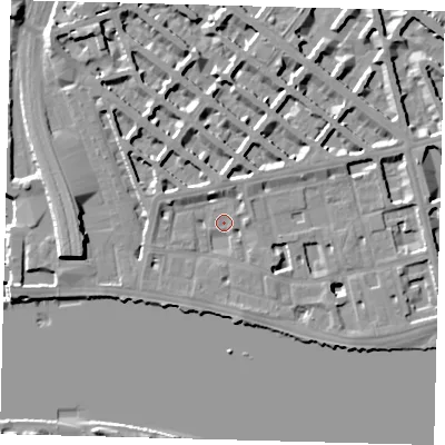 Shaded relief map of the ground around SW1V3BT, computed from Environment Agency LiDAR. The ground here sits at about 4 m above sea level and falls 12 m across the surrounding 800 m. Surface water reaching this point runs off ground lying to the west-south-west, 2.7 m higher.