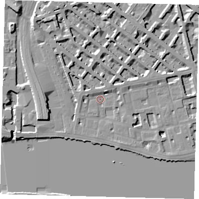 Shaded relief map of the ground around SW1V3BU, computed from Environment Agency LiDAR. The ground here sits at about 4 m above sea level and falls 12 m across the surrounding 800 m. Surface water reaching this point runs off ground lying to the west-north-west, 3.4 m higher.