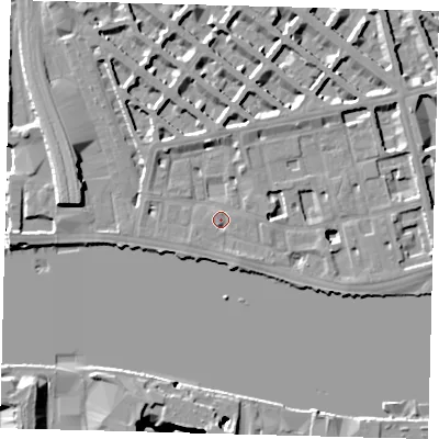 Shaded relief map of the ground around SW1V3BY, computed from Environment Agency LiDAR. The ground here sits at about 5 m above sea level and falls 16 m across the surrounding 800 m. Surface water reaching this point runs off ground lying to the south-south-east, 2.7 m higher.