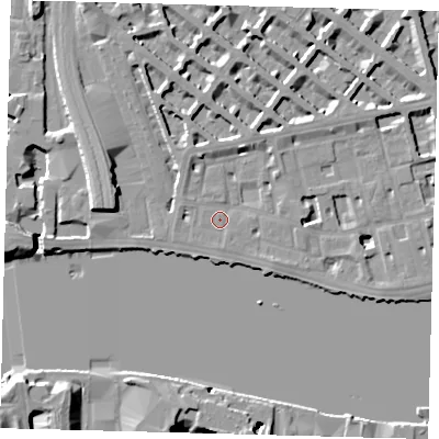 Shaded relief map of the ground around SW1V3BZ, computed from Environment Agency LiDAR. The ground here sits at about 5 m above sea level and falls 16 m across the surrounding 800 m. Surface water reaching this point runs off ground lying to the west-north-west, 1.9 m higher.