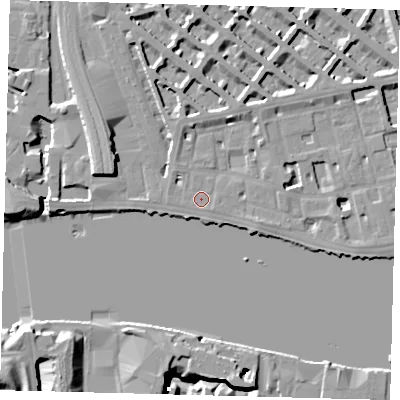 Shaded relief map of the ground around SW1V3DA, computed from Environment Agency LiDAR. The ground here sits at about 5 m above sea level and falls 17 m across the surrounding 800 m. Surface water reaching this point runs off ground lying to the south-east, 0.6 m higher.