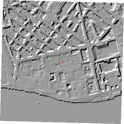 Shaded relief map of the ground around SW1V3DJ, computed from Environment Agency LiDAR. The ground here sits at about 4 m above sea level and falls 6 m across the surrounding 800 m. Surface water reaching this point runs off ground lying to the west, 4.1 m higher.