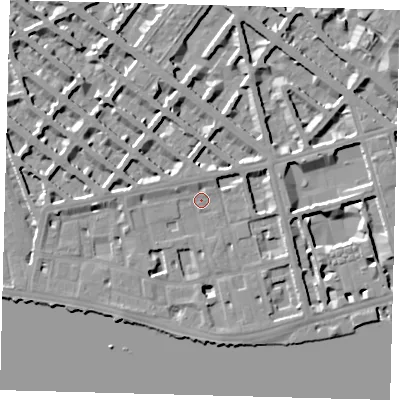 Shaded relief map of the ground around SW1V3DN, computed from Environment Agency LiDAR. The ground here sits at about 4 m above sea level and falls 7 m across the surrounding 800 m. Surface water reaching this point runs off ground lying to the west, 4.1 m higher.