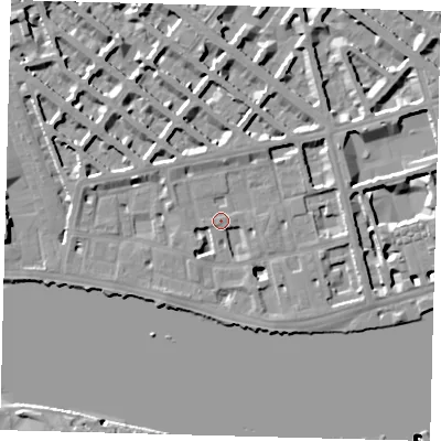 Shaded relief map of the ground around SW1V3DR, computed from Environment Agency LiDAR. The ground here sits at about 5 m above sea level and falls 25 m across the surrounding 800 m. Surface water reaching this point runs off ground lying to the west-north-west, 4.1 m higher.