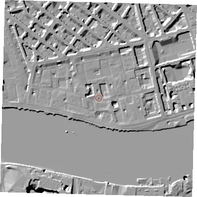 Shaded relief map of the ground around SW1V3DS, computed from Environment Agency LiDAR. The ground here sits at about 5 m above sea level and falls 22 m across the surrounding 800 m. Surface water reaching this point runs off ground lying to the north-west, 3.9 m higher.