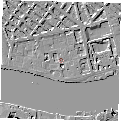 Shaded relief map of the ground around SW1V3DW, computed from Environment Agency LiDAR. The ground here sits at about 5 m above sea level and falls 51 m across the surrounding 800 m. Surface water reaching this point runs off ground lying to the west-north-west, 6.2 m higher.