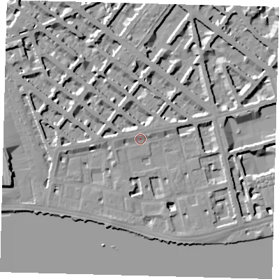 Shaded relief map of the ground around SW1V3EN, computed from Environment Agency LiDAR. The ground here sits at about 5 m above sea level and falls 10 m across the surrounding 800 m. Surface water reaching this point runs off ground lying to the west, 4.1 m higher.