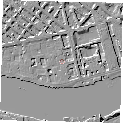 Shaded relief map of the ground around SW1V3ES, computed from Environment Agency LiDAR. The ground here sits at about 4 m above sea level and falls 51 m across the surrounding 800 m. Surface water reaching this point runs off ground lying to the south-west, 5.4 m higher.