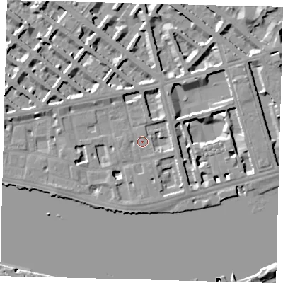 Shaded relief map of the ground around SW1V3ET, computed from Environment Agency LiDAR. The ground here sits at about 4 m above sea level and falls 22 m across the surrounding 800 m. Surface water reaching this point runs off ground lying to the south-south-west, 5.4 m higher.