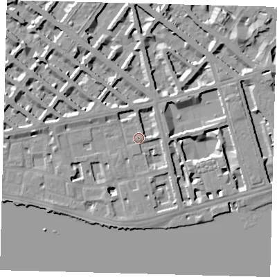 Shaded relief map of the ground around SW1V3EU, computed from Environment Agency LiDAR. The ground here sits at about 5 m above sea level and falls 7 m across the surrounding 800 m. Surface water reaching this point runs off ground lying to the west-north-west, 5.5 m higher.