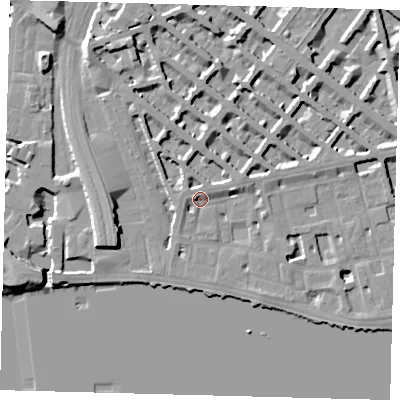 Shaded relief map of the ground around SW1V3HD, computed from Environment Agency LiDAR. The ground here sits at about 5 m above sea level and falls 12 m across the surrounding 800 m. Surface water reaching this point runs off ground lying to the west, 3.4 m higher.