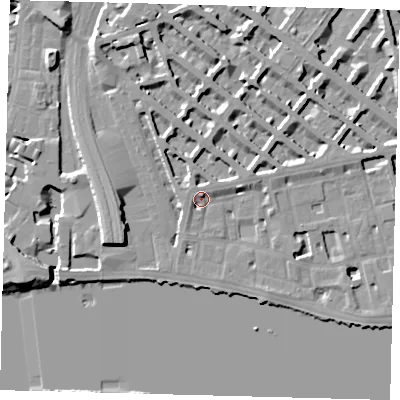 Shaded relief map of the ground around SW1V3HN, computed from Environment Agency LiDAR. The ground here sits at about 5 m above sea level and falls 12 m across the surrounding 800 m. Surface water reaching this point runs off ground lying to the north, 3.4 m higher.
