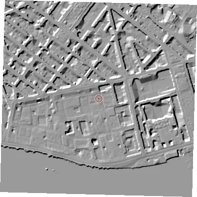 Shaded relief map of the ground around SW1V3HS, computed from Environment Agency LiDAR. The ground here sits at about 4 m above sea level and falls 7 m across the surrounding 800 m. Surface water reaching this point runs off ground lying to the west, 4.1 m higher.