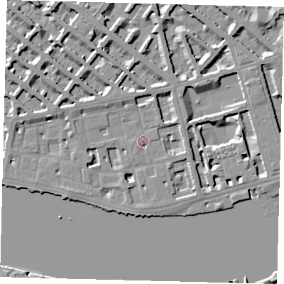 Shaded relief map of the ground around SW1V3HX, computed from Environment Agency LiDAR. The ground here sits at about 4 m above sea level and falls 14 m across the surrounding 800 m. Surface water reaching this point runs off ground lying to the west-north-west, 6.2 m higher.