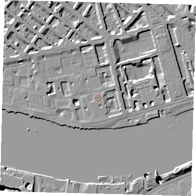 Shaded relief map of the ground around SW1V3JA, computed from Environment Agency LiDAR. The ground here sits at about 5 m above sea level and falls 51 m across the surrounding 800 m. Surface water reaching this point runs off ground lying to the east, 2.8 m higher.