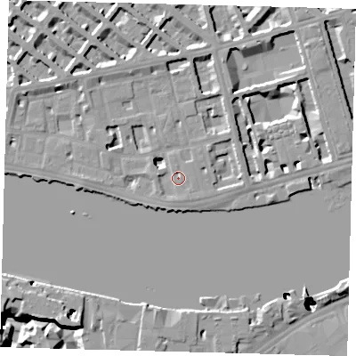 Shaded relief map of the ground around SW1V3JE, computed from Environment Agency LiDAR. The ground here sits at about 5 m above sea level and falls 51 m across the surrounding 800 m. Surface water reaching this point runs off ground lying to the south, 1.9 m higher.