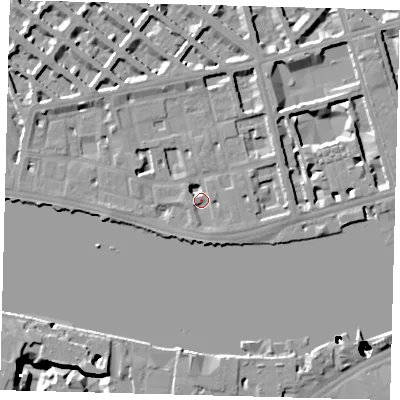 Shaded relief map of the ground around SW1V3JF, computed from Environment Agency LiDAR. The ground here sits at about 5 m above sea level and falls 51 m across the surrounding 800 m. Surface water reaching this point runs off ground lying to the west-south-west, 5.4 m higher.