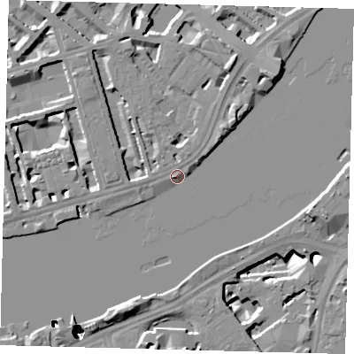 Shaded relief map of the ground around SW1V3JS, computed from Environment Agency LiDAR. The ground here sits at about 5 m above sea level and falls 51 m across the surrounding 800 m. Surface water reaching this point runs off ground lying to the north-east, 4.4 m higher.