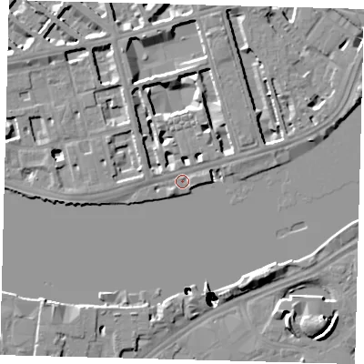 Shaded relief map of the ground around SW1V3JY, computed from Environment Agency LiDAR. The ground here sits at about 5 m above sea level and falls 52 m across the surrounding 800 m. Surface water reaching this point runs off ground lying to the north-north-west, 4.6 m higher.