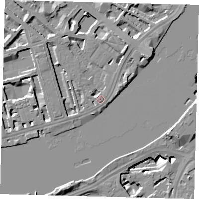 Shaded relief map of the ground around SW1V3LA, computed from Environment Agency LiDAR. The ground here sits at about 6 m above sea level and falls 13 m across the surrounding 800 m. Surface water reaching this point runs off ground lying to the north-east, 0.7 m higher.