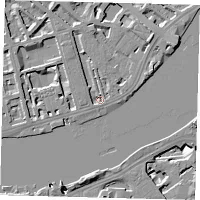 Shaded relief map of the ground around SW1V3LD, computed from Environment Agency LiDAR. The ground here sits at about 3 m above sea level and falls 51 m across the surrounding 800 m. Surface water reaching this point runs off ground lying to the north-north-west, 4.6 m higher.
