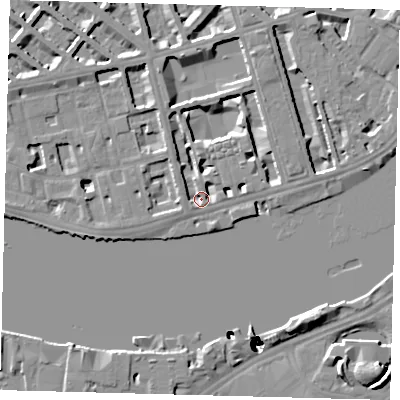 Shaded relief map of the ground around SW1V3LE, computed from Environment Agency LiDAR. The ground here sits at about 4 m above sea level and falls 52 m across the surrounding 800 m. Surface water reaching this point runs off ground lying to the north, 4.6 m higher.