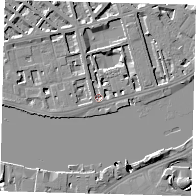 Shaded relief map of the ground around SW1V3LF, computed from Environment Agency LiDAR. The ground here sits at about 3 m above sea level and falls 52 m across the surrounding 800 m. Surface water reaching this point runs off ground lying to the north, 4.6 m higher.