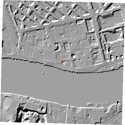 Shaded relief map of the ground around SW1V3LG, computed from Environment Agency LiDAR. The ground here sits at about 3 m above sea level and falls 24 m across the surrounding 800 m. Surface water reaching this point runs off ground lying to the north-west, 6.2 m higher.