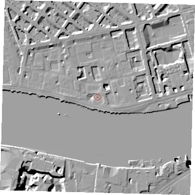 Shaded relief map of the ground around SW1V3LH, computed from Environment Agency LiDAR. The ground here sits at about 5 m above sea level and falls 51 m across the surrounding 800 m. Surface water reaching this point runs off ground lying to the south-east, 2.8 m higher.