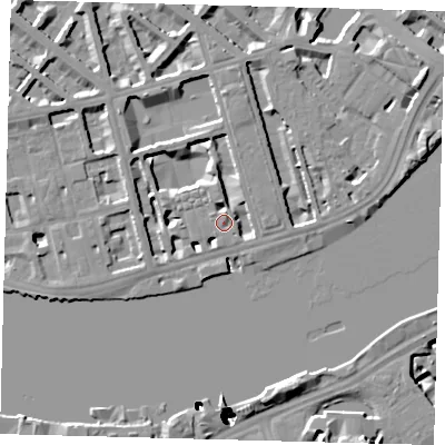 Shaded relief map of the ground around SW1V3LL, computed from Environment Agency LiDAR. The ground here sits at about 5 m above sea level and falls 52 m across the surrounding 800 m. Surface water reaching this point runs off ground lying to the north-east, 4.7 m higher.