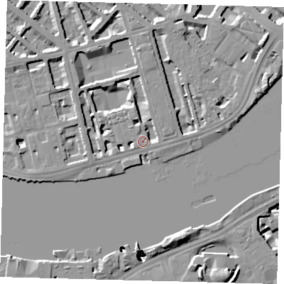 Shaded relief map of the ground around SW1V3LP, computed from Environment Agency LiDAR. The ground here sits at about 5 m above sea level and falls 52 m across the surrounding 800 m. Surface water reaching this point runs off ground lying to the north-east, 1.2 m higher.