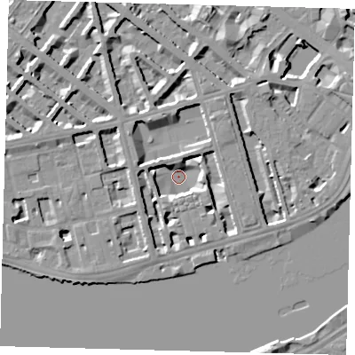 Shaded relief map of the ground around SW1V3LX, computed from Environment Agency LiDAR. The ground here sits at about 1 m above sea level and falls 8 m across the surrounding 800 m. Surface water reaching this point runs off ground lying to the south-south-west, 5.7 m higher.