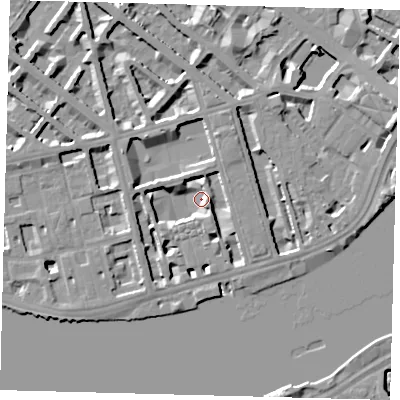 Shaded relief map of the ground around SW1V3NB, computed from Environment Agency LiDAR. The ground here sits at about 2 m above sea level and falls 9 m across the surrounding 800 m. Surface water reaching this point runs off ground lying to the north-north-east, 6.1 m higher.