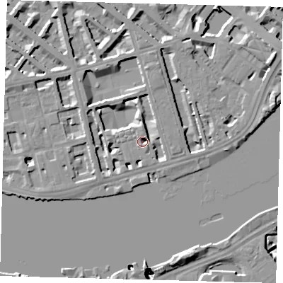 Shaded relief map of the ground around SW1V3ND, computed from Environment Agency LiDAR. The ground here sits at about 4 m above sea level and falls 51 m across the surrounding 800 m. Surface water reaching this point runs off ground lying to the north, 6.1 m higher.