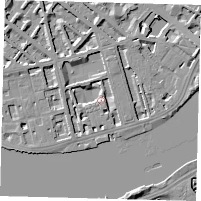 Shaded relief map of the ground around SW1V3NJ, computed from Environment Agency LiDAR. The ground here sits at about 4 m above sea level and falls 11 m across the surrounding 800 m. Surface water reaching this point runs off ground lying to the north, 6.1 m higher.