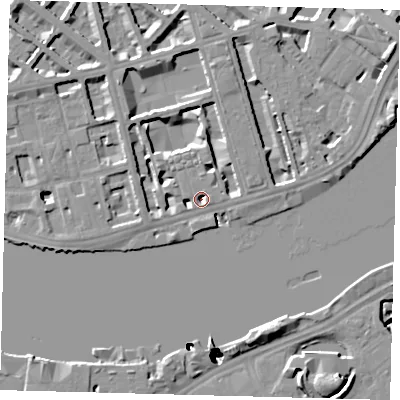 Shaded relief map of the ground around SW1V3NN, computed from Environment Agency LiDAR. The ground here sits at about 2 m above sea level and falls 52 m across the surrounding 800 m. Surface water reaching this point runs off ground lying to the north, 6.1 m higher.