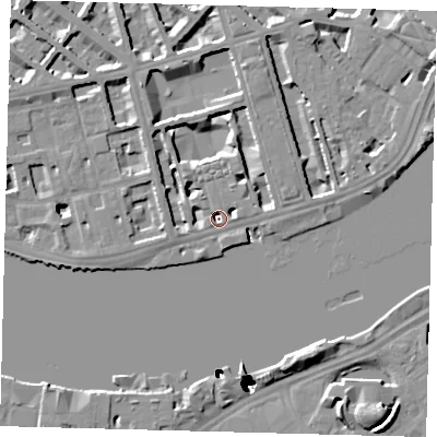 Shaded relief map of the ground around SW1V3NR, computed from Environment Agency LiDAR. The ground here sits at about 2 m above sea level and falls 52 m across the surrounding 800 m. Surface water reaching this point runs off ground lying to the north, 6.1 m higher.